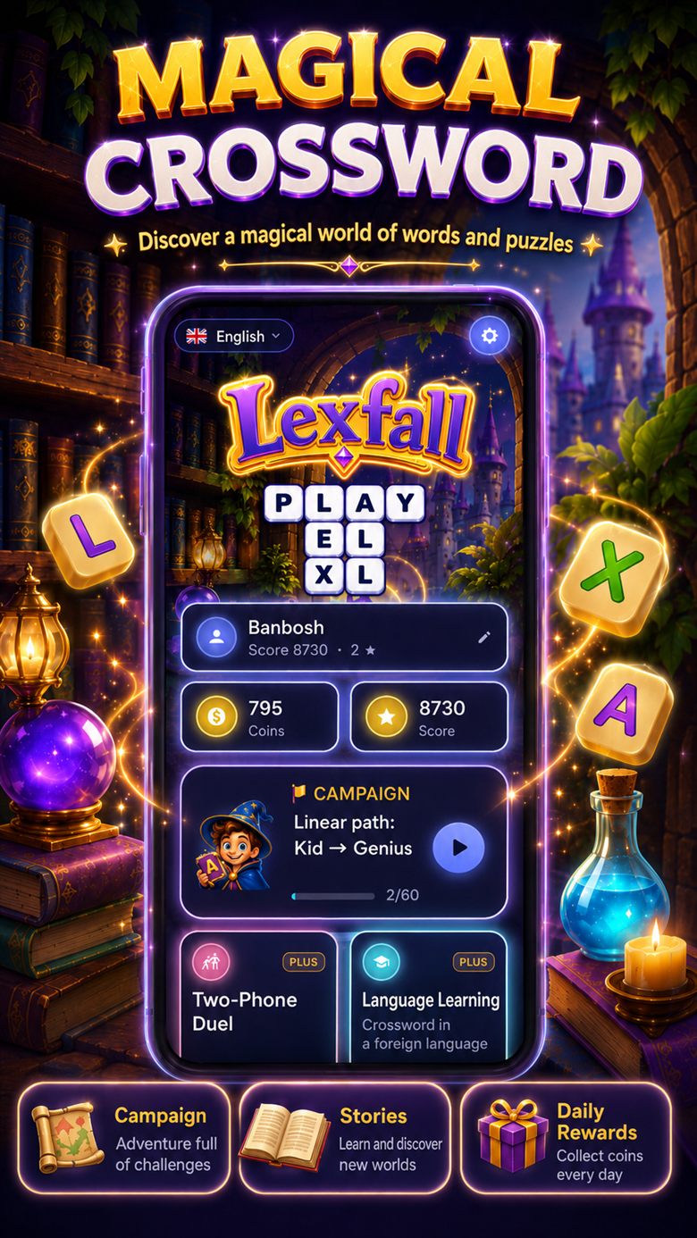 Lexfall — hlavní menu s kampaní a denními odměnami